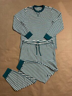 Primary Unisex Pajamas Adult Large Green White Stripes Organic Cotton Two Piece